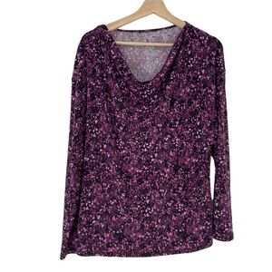 TAHARI BLACK AND PURPLE FLORAL COWL NECK JERSEY KNIT LONG SLEEVED TOP, LARGE